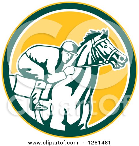 Clipart of a Retro Horse Racing Jockey in a Yellow Green and White Circle - Royalty Free Vector Illustration by patrimonio