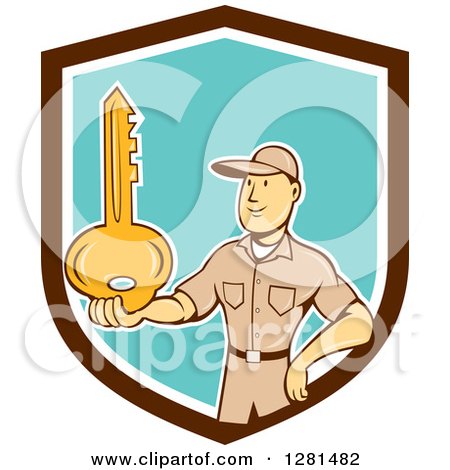 Clipart of a Retro Cartoon Caucasian Male Locksmith Holding out a Giant Gold Key in a Brown White and Turquoise Shield - Royalty Free Vector Illustration by patrimonio