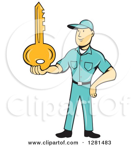 Clipart of a Cartoon Caucasian Male Locksmith Holding a Giant Gold Key - Royalty Free Vector Illustration by patrimonio
