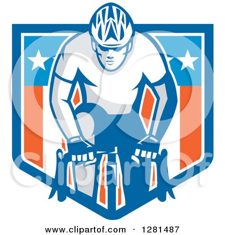 Clipart of a Retro Male Cyclist in an American Flag Shield Banner - Royalty Free Vector Illustration by patrimonio