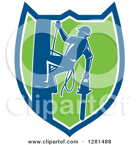 Clipart of a Retro Silhouetted Arborist Climbing a Pole with a Chainsaw in a Blue White and Green Shield - Royalty Free Vector Illustration by patrimonio