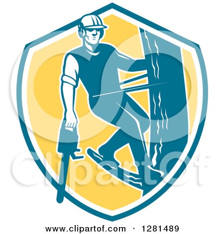 Clipart of a Retro Male Arborist Climbing a Pole with a Chainsaw in a Blue White and Yellow Shield - Royalty Free Vector Illustration by patrimonio