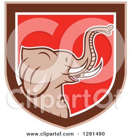 Clipart of a Cartoon Elephant Head in a Brown White and Red Shield - Royalty Free Vector Illustration by patrimonio
