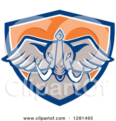 Clipart of a Retro Angry Elephant Head in a Blue White and Orange Shield - Royalty Free Vector Illustration by patrimonio