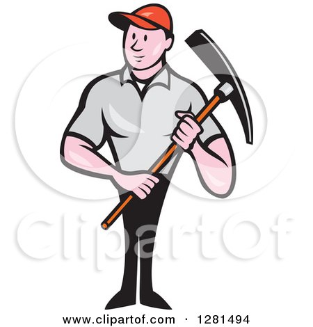 Clipart of a Cartoon Male Construction Worker Holding a Pickaxe - Royalty Free Vector Illustration by patrimonio
