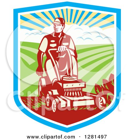 Clipart of a Retro Woodcut Landscaper Mowing a Lawn with Farmland in a Shield - Royalty Free Vector Illustration by patrimonio