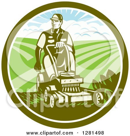 Clipart of a Retro Woodcut Landscaper Mowing a Lawn with Farmland in a Green and White Circle - Royalty Free Vector Illustration by patrimonio