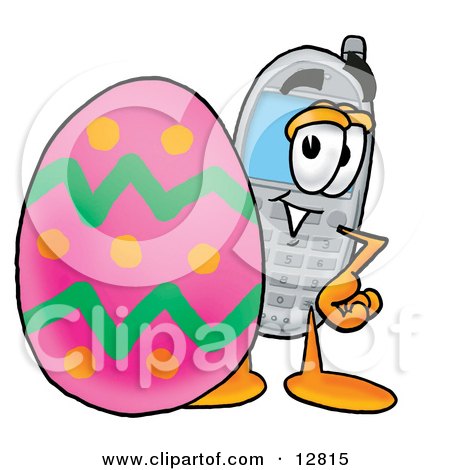Clipart Picture of a Wireless Cellular Telephone Mascot Cartoon Character Standing Beside an Easter Egg by Mascot Junction