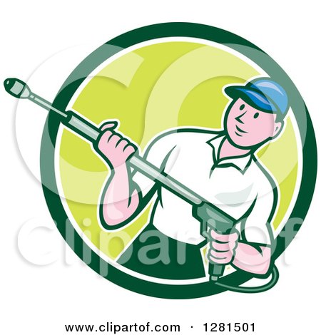 Clipart of a Cartoon Male Pressure Washer in a Green and White Circle - Royalty Free Vector Illustration by patrimonio