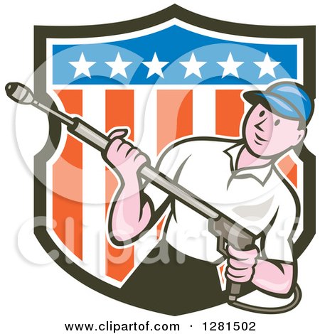 Clipart of a Cartoon Male Pressure Washer Emerging from an American Shield - Royalty Free Vector Illustration by patrimonio