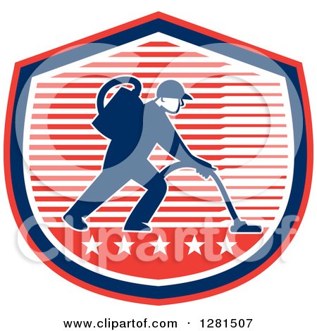 Clipart of a Male Janitor Operating a Carpet Cleaner over a Red White and Blue Stripes and Stars Shield - Royalty Free Vector Illustration by patrimonio