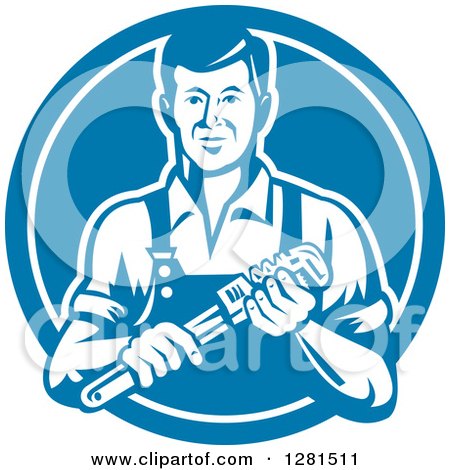 Clipart of a Retro Male Plumber Holding a Monkey Wrench in a Blue and White Circle - Royalty Free Vector Illustration by patrimonio