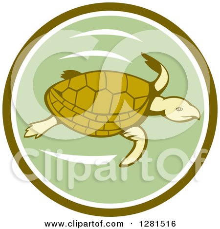 Clipart of a Retro Swimming Sea Turtle in a Green and White Circle - Royalty Free Vector Illustration by patrimonio