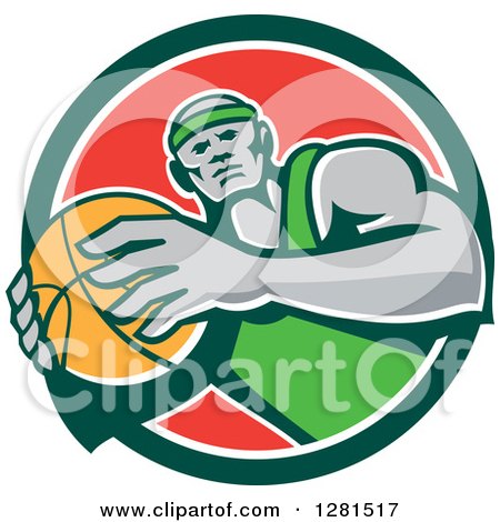 Clipart of a Retro Black Male Basketball Player Holding a Ball in a Green White and Red Circle - Royalty Free Vector Illustration by patrimonio