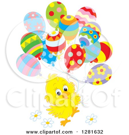 Clipart of a Cute Yellow Easter Chick with Spring Time Flowers and Patterned Party Balloons - Royalty Free Vector Illustration by Alex Bannykh
