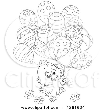 Clipart of a Cute Black and White Easter Chick with Spring Flowers and Patterned Party Balloons - Royalty Free Vector Illustration by Alex Bannykh