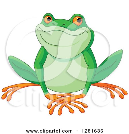 Clipart of a Cute Green and Orange Frog Smiling and Sitting - Royalty Free Vector Illustration by Pushkin