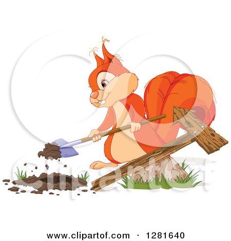 Clipart of a Cute Orange Squirrel Digging a Hole for a Directional Arrow Sign - Royalty Free Vector Illustration by Pushkin