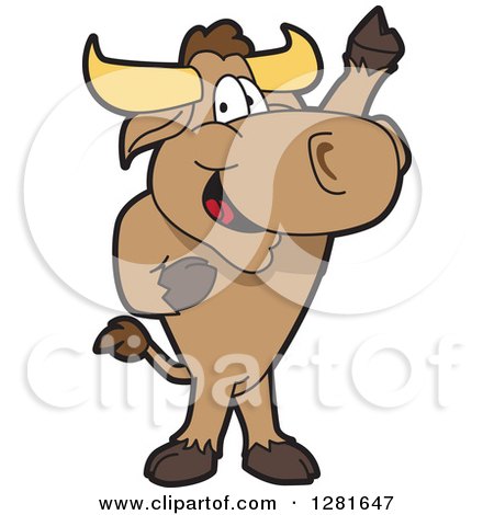 Clipart of a Happy Bull School Mascot Character Standing and Holding up a Hoof - Royalty Free Vector Illustration by Mascot Junction
