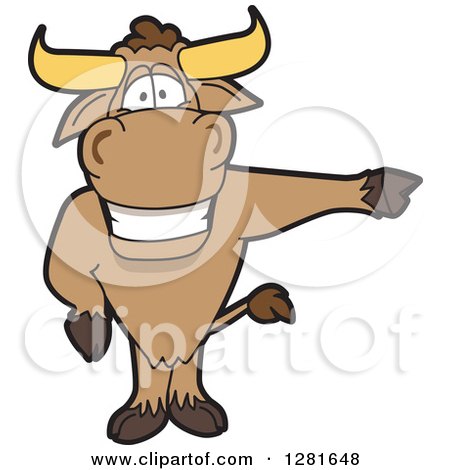 Clipart of a Happy Bull School Mascot Character Standing and Pointing to the Right - Royalty Free Vector Illustration by Mascot Junction