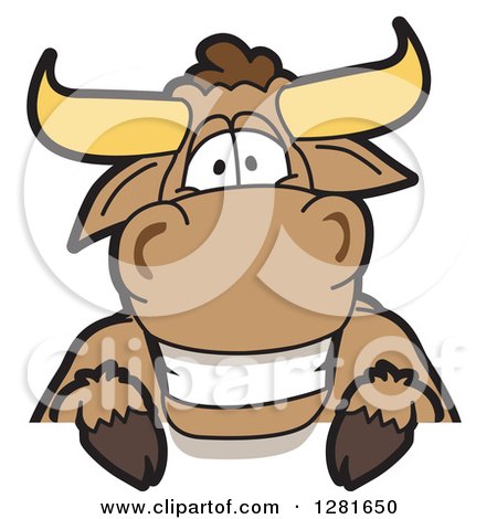 Clipart of a Happy Bull School Mascot Character Smiling over a Sign - Royalty Free Vector Illustration by Mascot Junction
