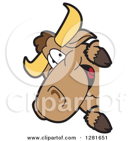 Clipart of a Happy Bull School Mascot Character Smiling Around a Sign - Royalty Free Vector Illustration by Mascot Junction