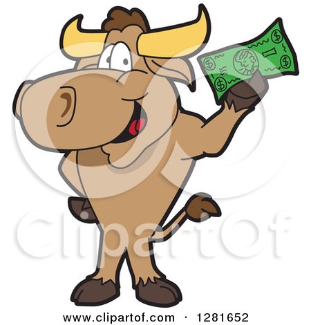 Clipart of a Happy Bull School Mascot Character Standing and Holding Cash - Royalty Free Vector Illustration by Mascot Junction
