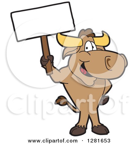 Clipart of a Happy Bull School Mascot Character Standing and Holding a Blank Sign - Royalty Free Vector Illustration by Mascot Junction