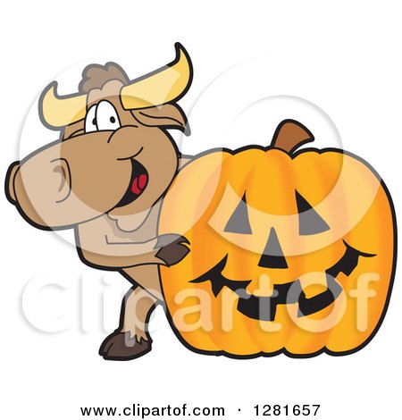 Clipart of a Happy Bull School Mascot Character Smiling Around a Halloween Jackolantern Pumpkin - Royalty Free Vector Illustration by Mascot Junction