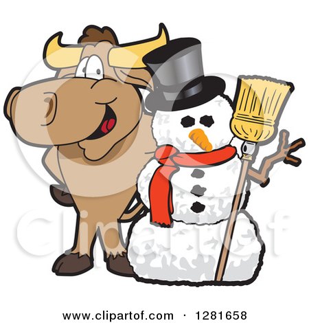 Clipart of a Happy Bull School Mascot Character Standing with a Christmas Snowman - Royalty Free Vector Illustration by Mascot Junction