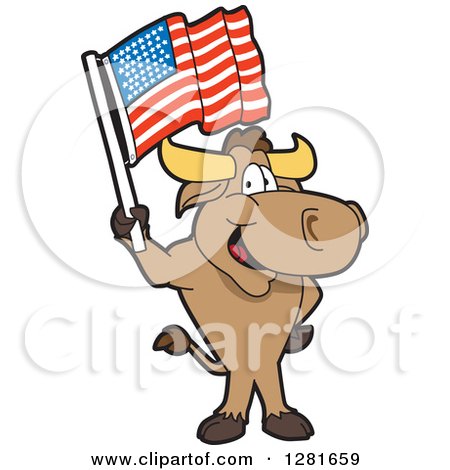 Clipart of a Happy Bull School Mascot Character Standing and Holding an American Flag - Royalty Free Vector Illustration by Mascot Junction