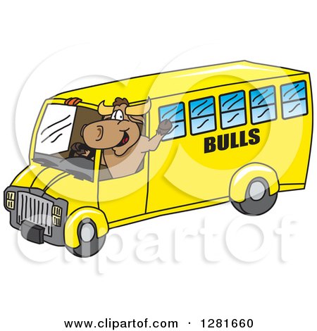 Clipart of a Happy Bull School Mascot Character Waving and Driving a School Bus - Royalty Free Vector Illustration by Mascot Junction