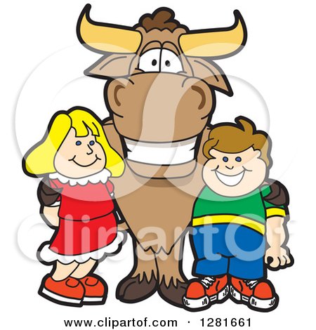Clipart of a Happy Bull School Mascot Character Standing with a Caucasian Boy and Girl - Royalty Free Vector Illustration by Mascot Junction