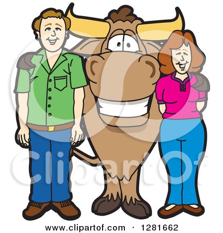 Clipart of a Happy Bull School Mascot Character Standing with a Caucasian Man and Woman - Royalty Free Vector Illustration by Mascot Junction