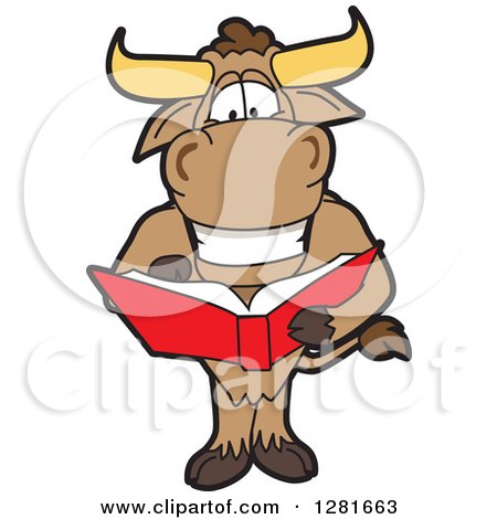 Clipart of a Happy Bull School Mascot Character Standing and Reading a Book - Royalty Free Vector Illustration by Mascot Junction