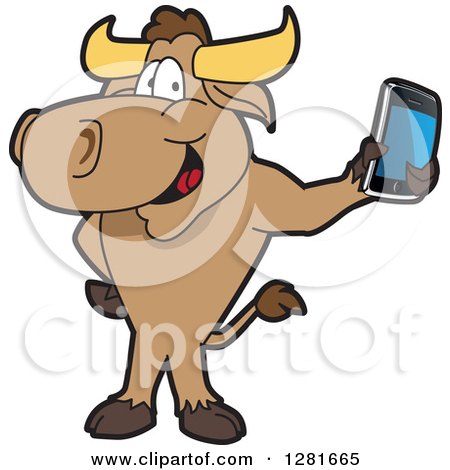 Clipart of a Happy Bull School Mascot Character Standing and Holding a Smart Cell Phone - Royalty Free Vector Illustration by Mascot Junction