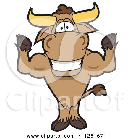 Clipart of a Happy Bull School Mascot Character Standing and Flexing His Muscles - Royalty Free Vector Illustration by Mascot Junction