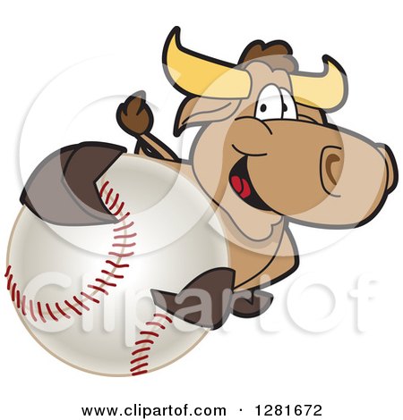 Clipart of a Happy Bull School Mascot Character Holding up or Catching a Baseball - Royalty Free Vector Illustration by Mascot Junction
