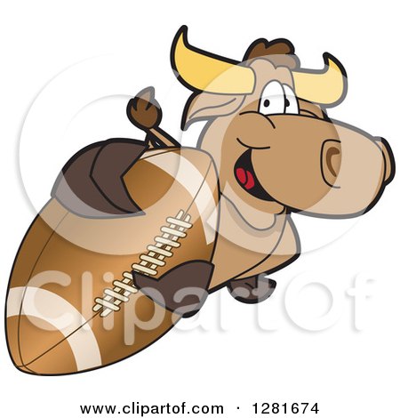 Clipart of a Happy Bull School Mascot Character Holding up or Catching an American Football - Royalty Free Vector Illustration by Mascot Junction