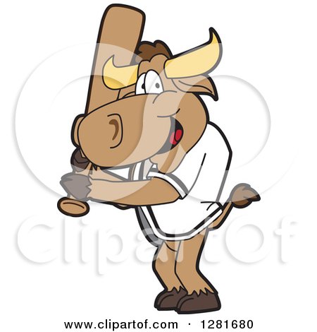 Clipart of a Happy Bull School Mascot Character Holding a Baseball Bat - Royalty Free Vector Illustration by Mascot Junction