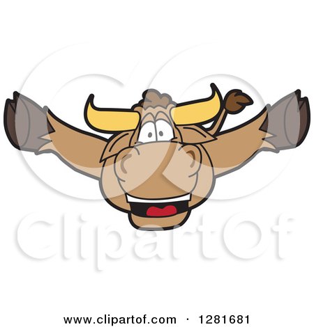 Clipart of a Happy Bull School Mascot Character Leaping Outwards - Royalty Free Vector Illustration by Mascot Junction