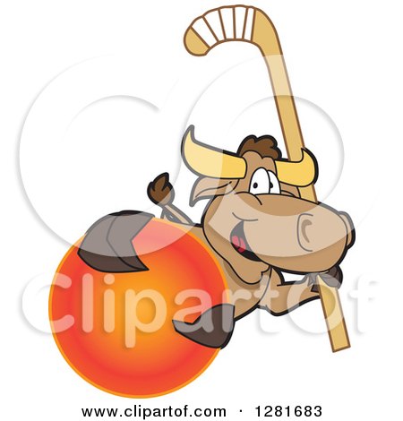 Clipart of a Happy Bull School Mascot Character Holding a Field Hockey Stick and Ball - Royalty Free Vector Illustration by Mascot Junction