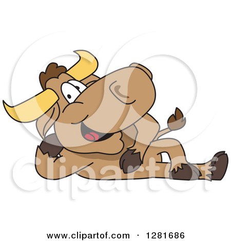 Clipart of a Happy Bull School Mascot Character Resting on His Side - Royalty Free Vector Illustration by Mascot Junction