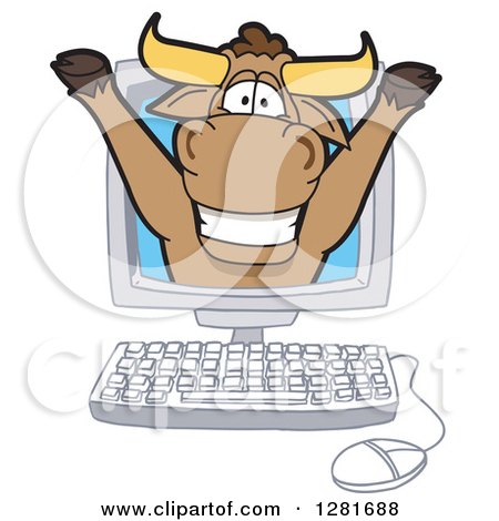 Clipart of a Happy Bull School Mascot Character Cheering out from a Desktop Computer Screen - Royalty Free Vector Illustration by Mascot Junction