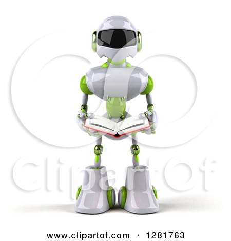 Clipart of a 3d White and Green Robot Reading a Book - Royalty Free Illustration by Julos