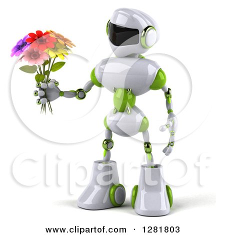 Clipart of a 3d White and Green Robot Facing Left and Holding a Bouquet of Flowers - Royalty Free Illustration by Julos