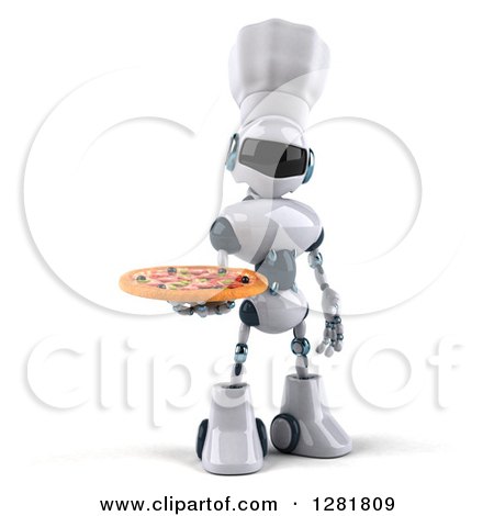 Clipart of a 3d White and Blue Robot Chef Holding a Pizza - Royalty Free Illustration by Julos