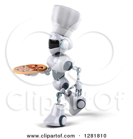 Clipart of a 3d White and Blue Robot Chef Walking to the Left and Holding a Pizza - Royalty Free Illustration by Julos