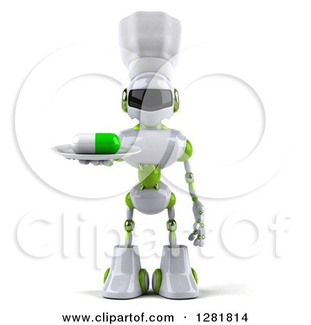 Clipart of a 3d White and Green Robot Chef Holding a Pill on a Plate - Royalty Free Illustration by Julos