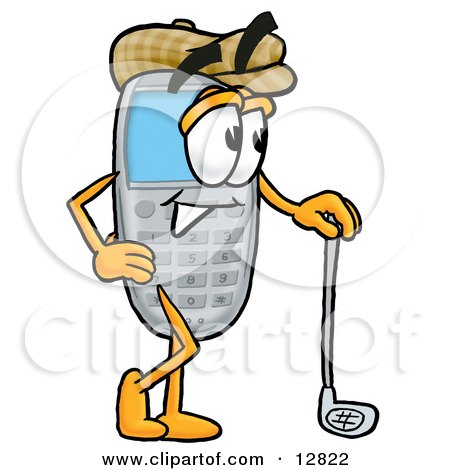 Clipart Picture of a Wireless Cellular Telephone Mascot Cartoon Character Leaning on a Golf Club While Golfing by Mascot Junction